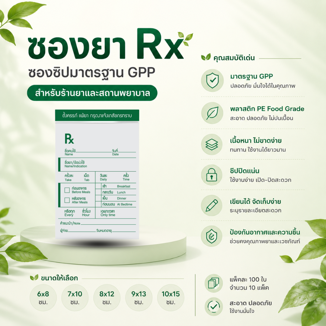 ซองยา RX สีเขียว แบบ 1 มาตรฐาน GPP สำหรับร้านยาและคลินิก ซองยา RX สีเขียว แบบ 1 มาตรฐาน GPP สำหรับร้านยาและคลินิก