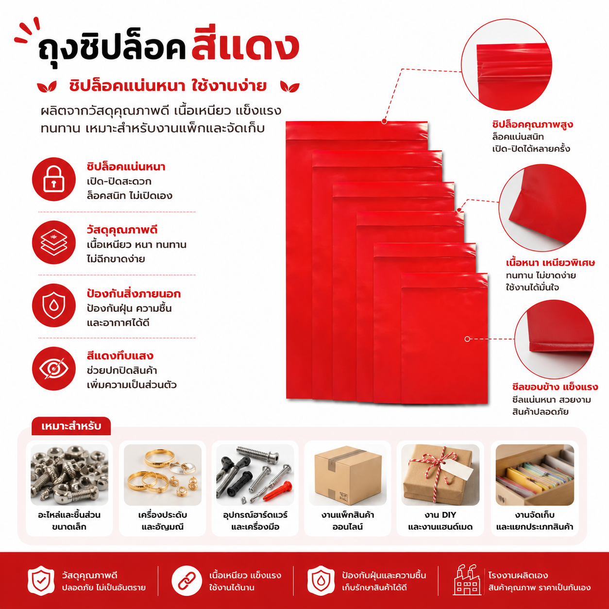 ถุงซิปสีแดง pe คุณภาพสูง แพ็ค 1 กิโลกรัม สำหรับเครื่องประดับและงานบรรจุภัณฑ์ ถุงซิปสีแดง pe คุณภาพสูง แพ็ค 1 กิโลกรัม สำหรับเครื่องประดับและงานบรรจุภัณฑ์